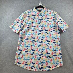 Club Room Mens Medium Bird Umbrella Print Short Sleeve Button Down Shirt White